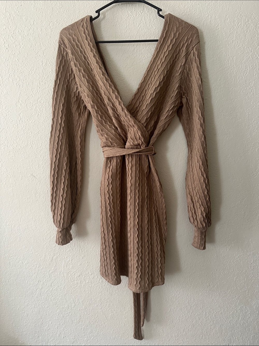 Windsor Cable-Knit Wrap Dress in Taupe - Picture 2 of 13
